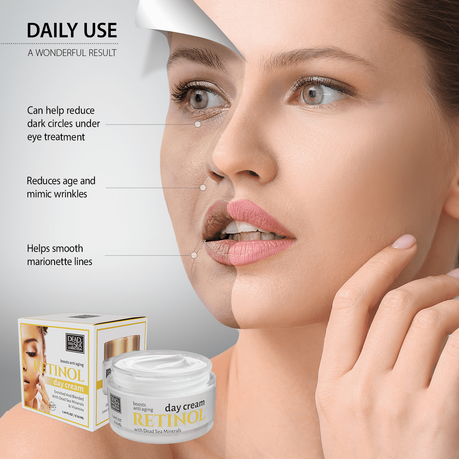 Dead Sea Collection Retinol Anti-Aging Day Cream - Face Moisturizer with Retinol Boost - Firming Cream with Dead Sea Minerals and Retinol - 1,69 Fl. Oz