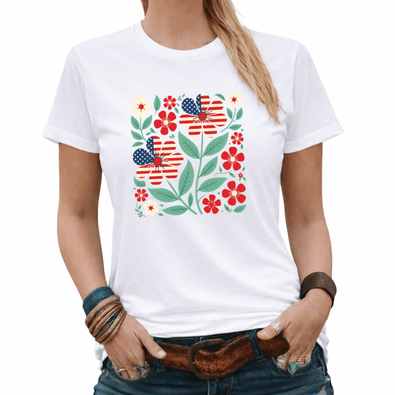USA 250 Years American Flag Flower Graphic Tees Women's 4th of July Patriotic Floral Tshirt Tops Black/White S-5XL