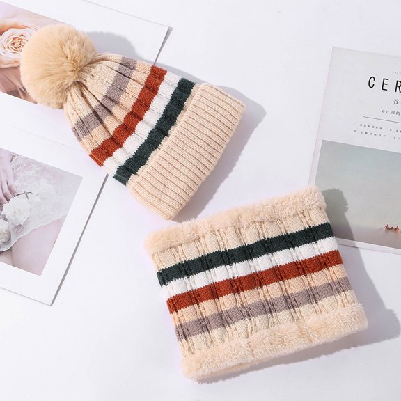Dyfzdhu Women Winter Color Matching Warm Ear Protection Two-Piece Knitted Hat Tube Scarf Beige