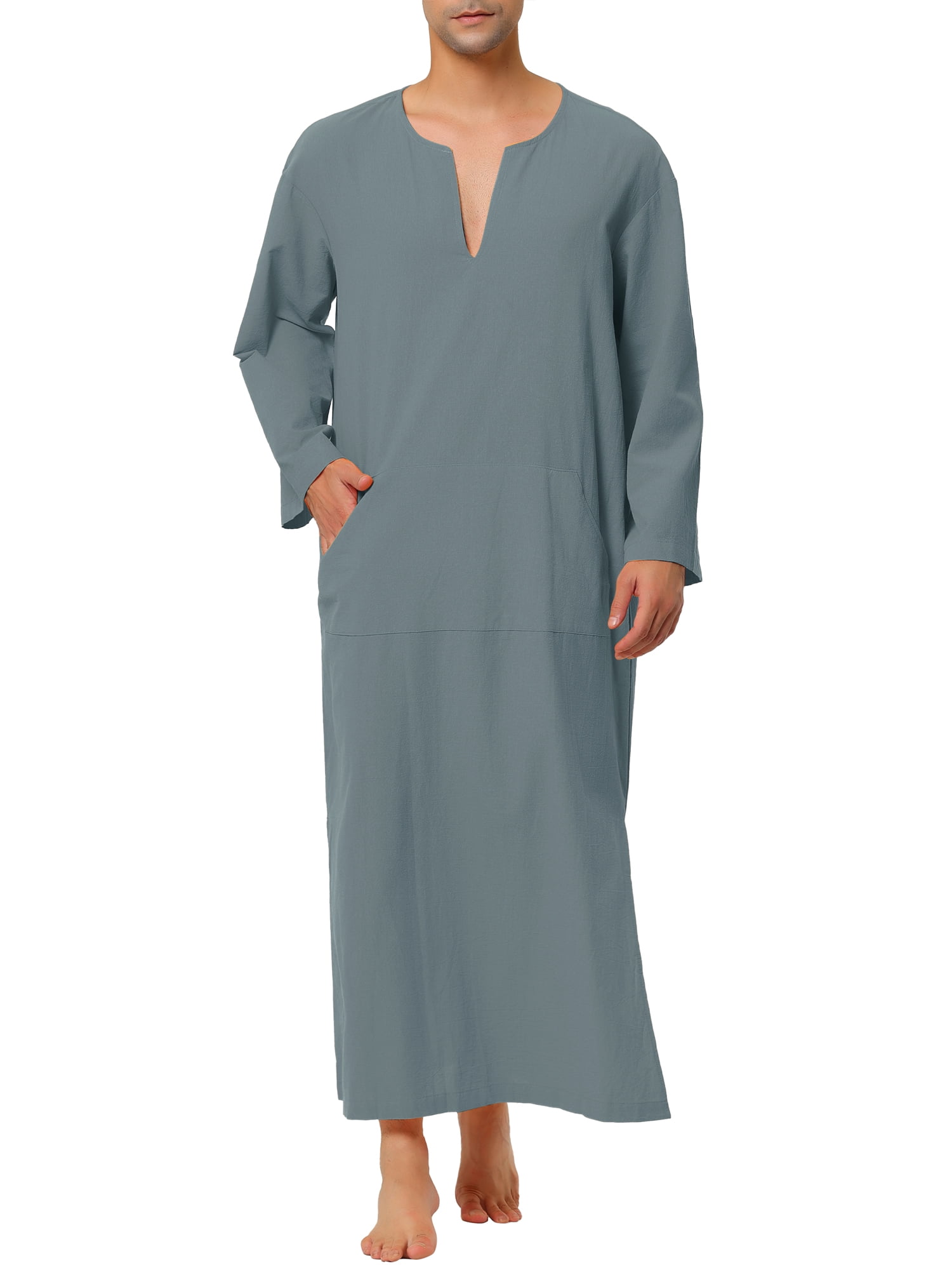 Unique Bargains Men's Pajamas Cotton Sleepwear V-Neck Side Split Long Nightgown M Dark Gray