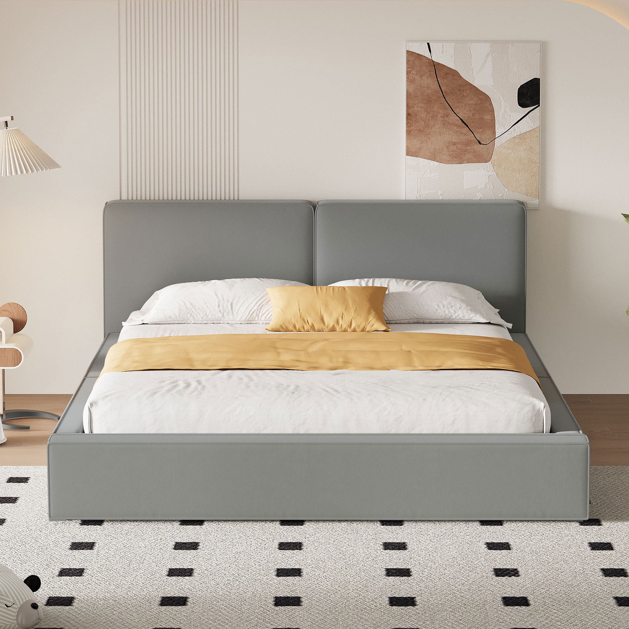 DreamBuck Queen Size Upholstered Platform Bed Frame with Velvet Headboard and Wood Slats Support, Modern Platform Bed for Adults, , Platform Bed for Bedroom, Grounded Bed, No Box Spring Needed