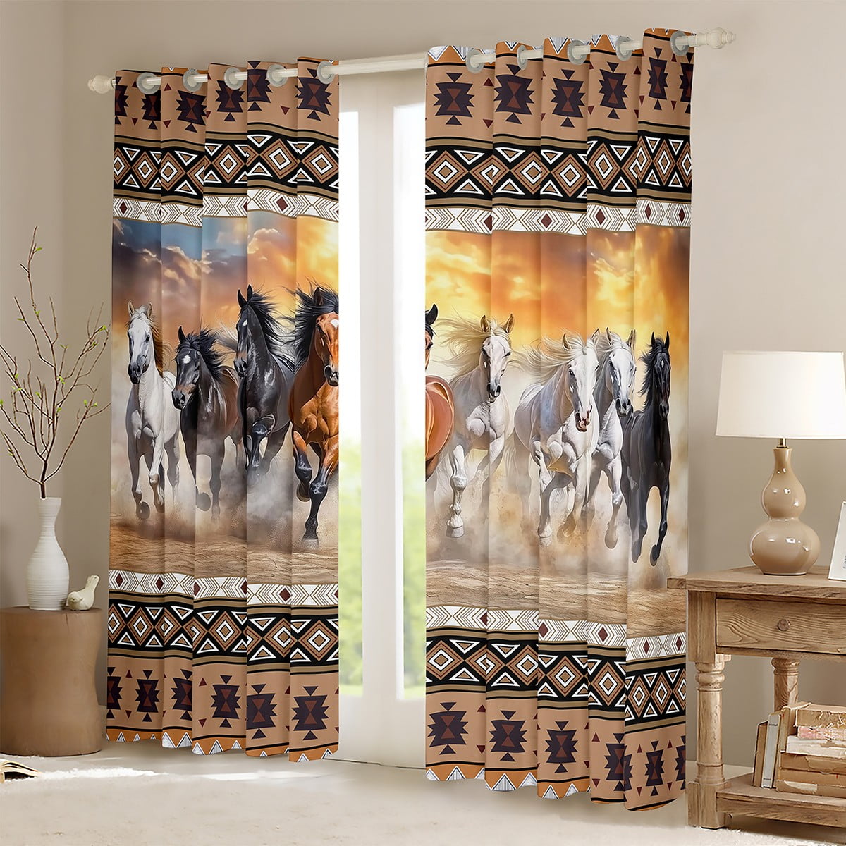 jejeloiu Vintage Aztec Geometric Curtains Pack of 2 (42x84 Each)Farm Aniaml Horse Curtains Blackout,Brown White Bedroom Curtains,Breathable Room Decor