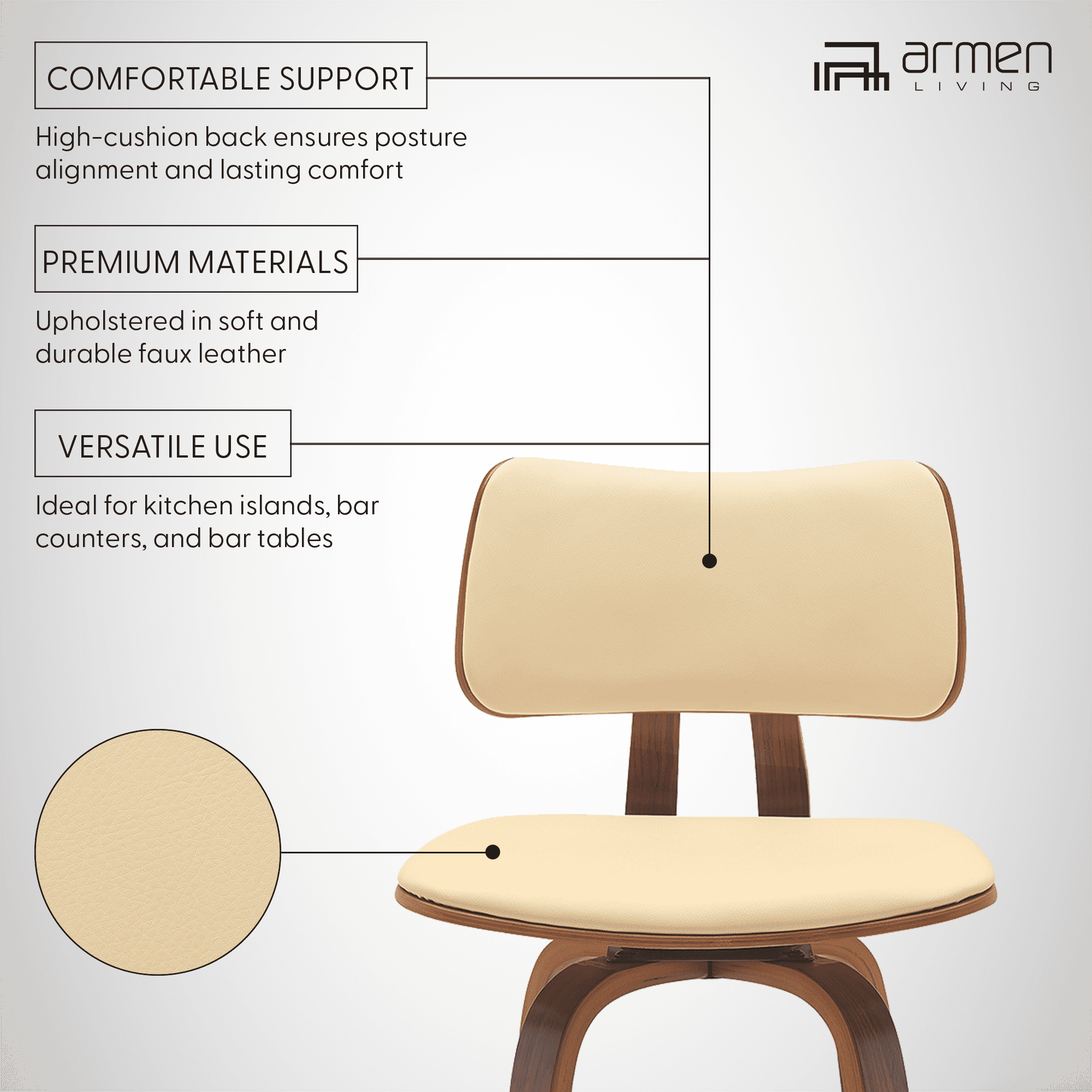Pico 30" Swivel Walnut Wood Bar Stool in Cream Faux Leather with Chrome
