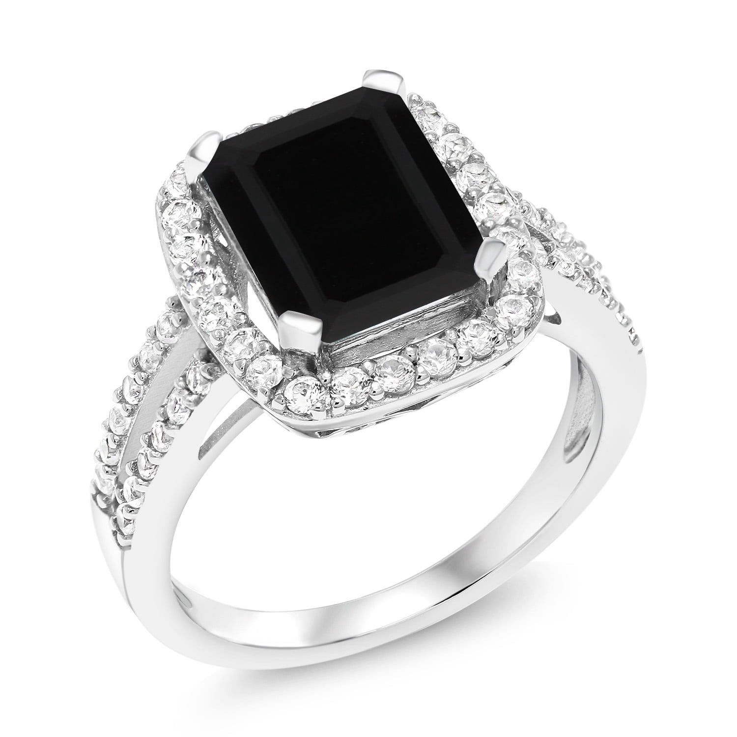 Gem Stone King 3.75 Cttw Black Onyx Engagement Ring for Women | 925 Sterling Silver | Emerald Cut 10X8MM | Gemstone Birthstone | Wedding Engagement Anniversary Promise Ring for Women | Size 7