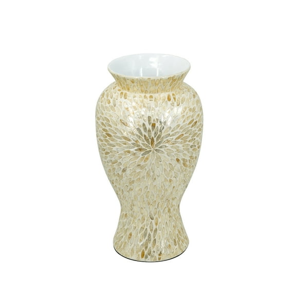 A&B Home Large Round Bamboo Vase with Gold and White Capiz Shell Design - D11x20"