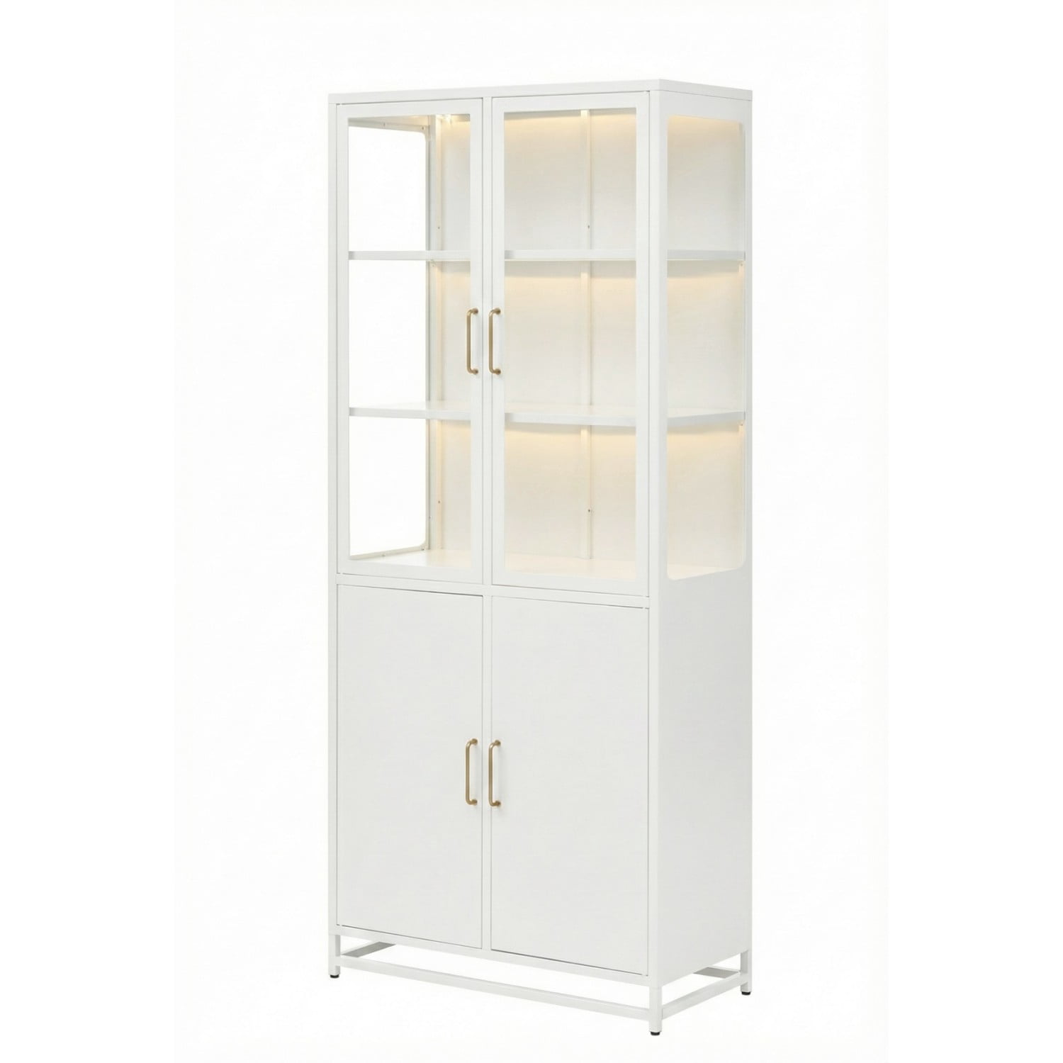 76.75" Tall Glass Display Cabinet with LED Lights, Steel Curio Cabinet with 3-Sided Glass, Double Door Storage Cabinet for Kitchen Living Room Office Pantry Home Decor, White