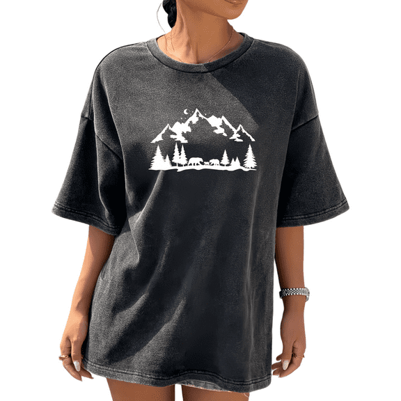 Women's Round Neck Printed Cotton Washed T Shirt Graphic Tees Top Black White Mountain Bear Tree Pattern Casual Loose T Shirt Black S-2XL Plus Size