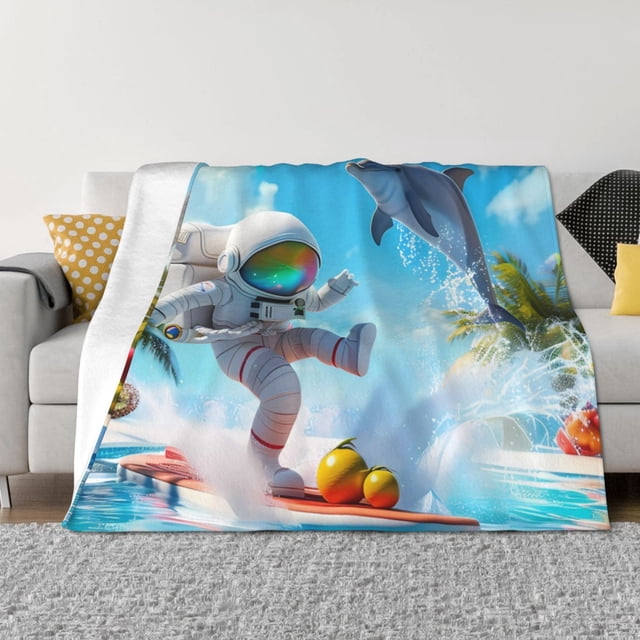 Balery Astronaut Tropical Dolphin Manta de Franela con Dibujo, Lujo Ultra Suave y Cálido, Antipelusa y Resistente a las Arrugas para Cama, Sofá, Camping -80"x60"