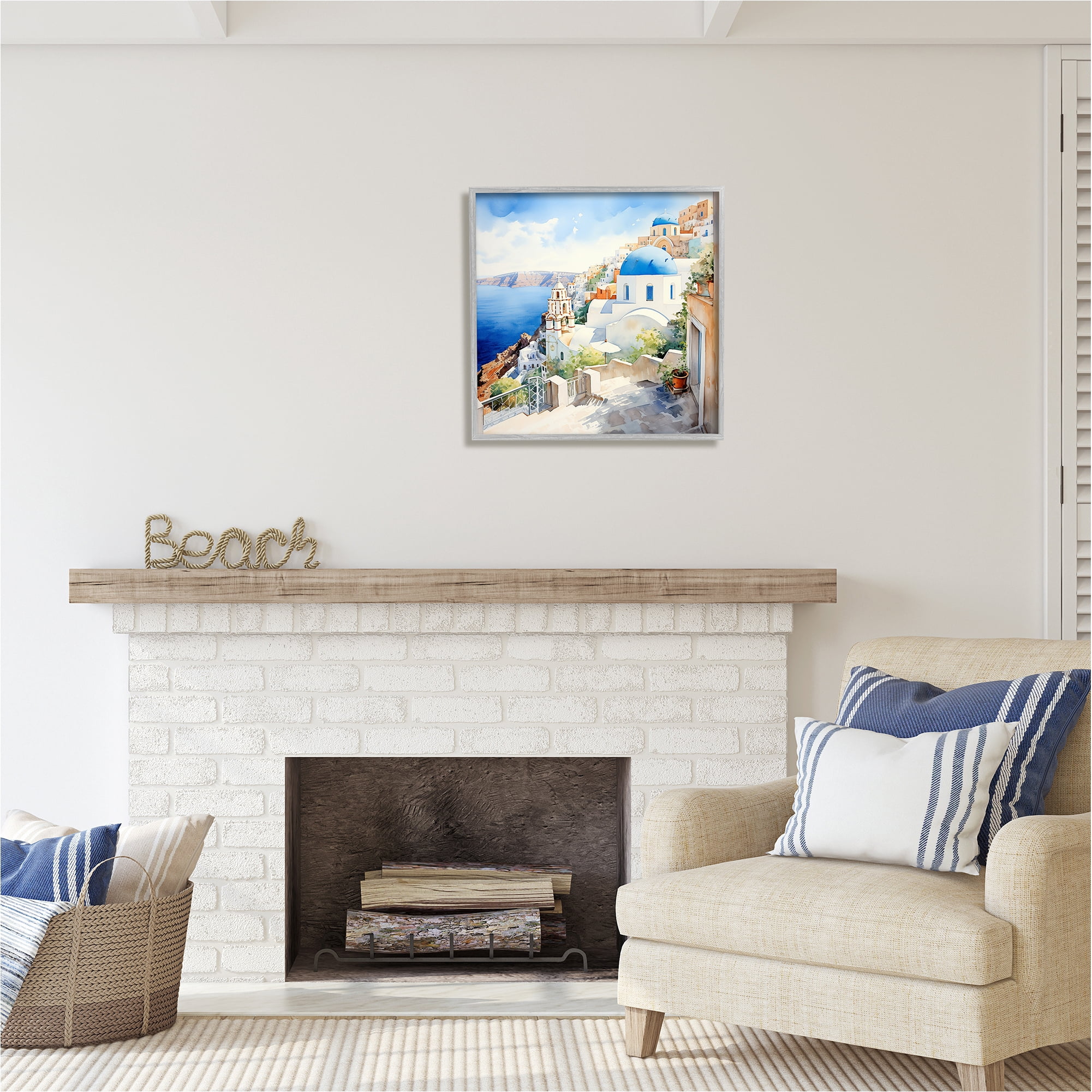 Stupell Industries Santorini City Landscape Travel & Places Painting Gray Framed Art Print Wall Art, 24 x 24
