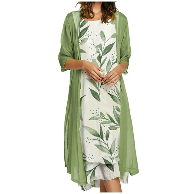 CEHVOM Ensemble Deux Pièces pour Femmes, Robe Décontractée à Imprimé Floral, Col Rond, Sans Manches, en Chiffon Uni