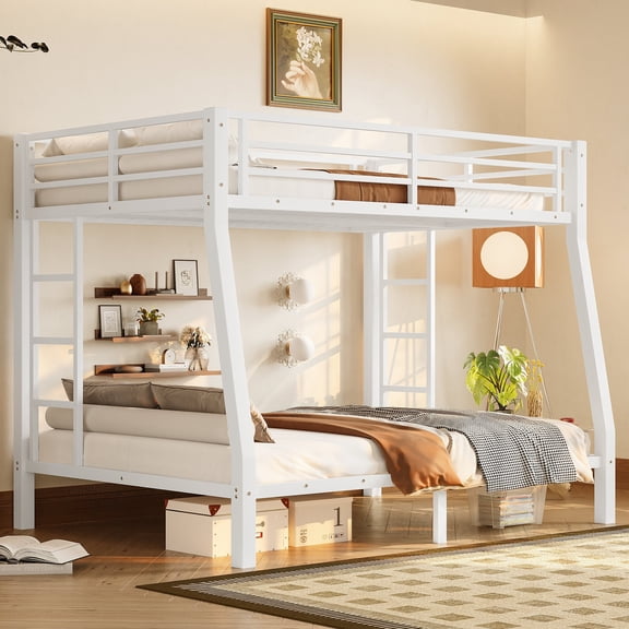 Morufur Metal Bunk Bed Full XL over Queen Size with Ladder & Guardrail, Heavy Duty Bed Frame for Bedroom, Noise Reduced/No Box Spring Needed, White