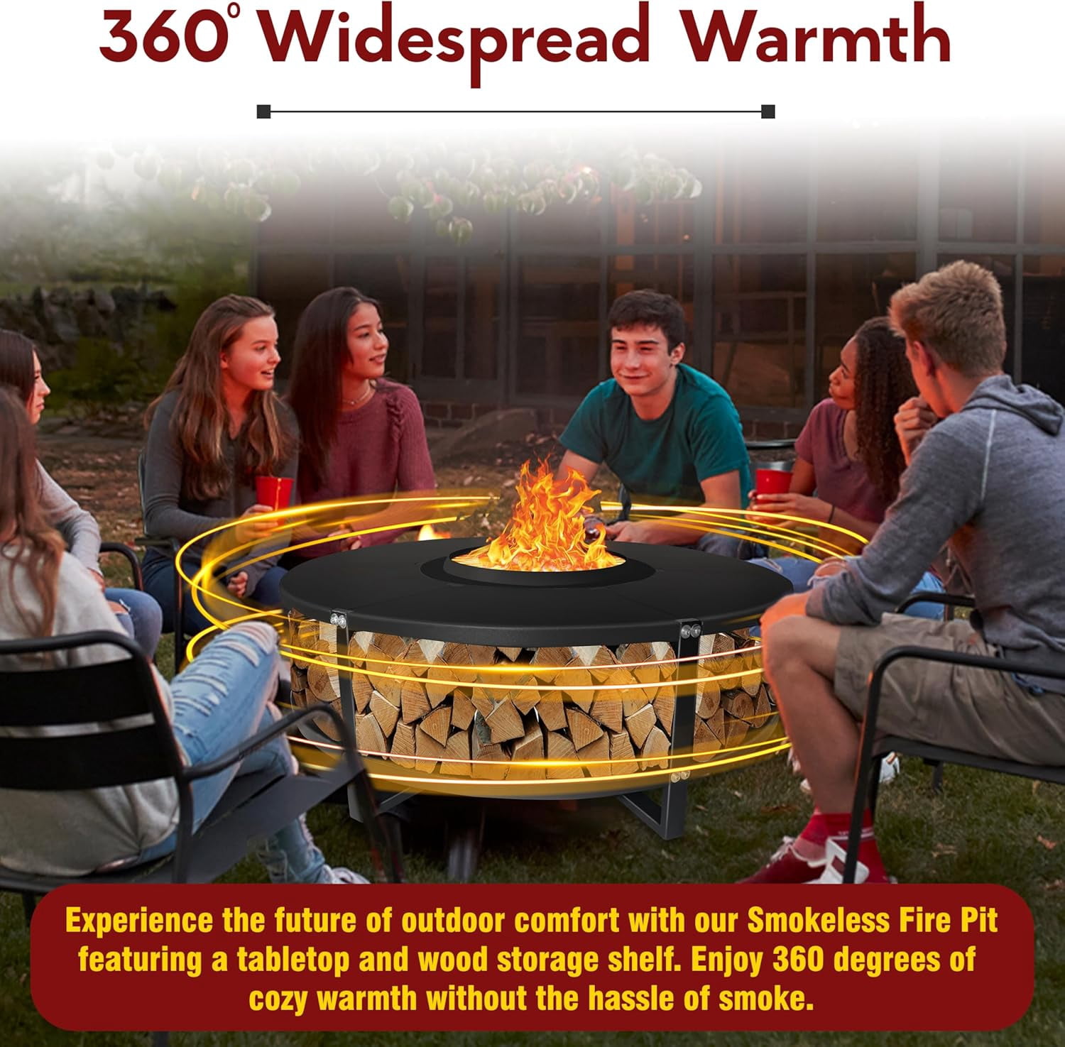 21.6" Smokeless Fire Pit with Round Tabletop and Firewood Storage Shelf - Durable Carbon Steel Bonfire Fire Pit - Smokeless Fire Pits for Outside Gathering