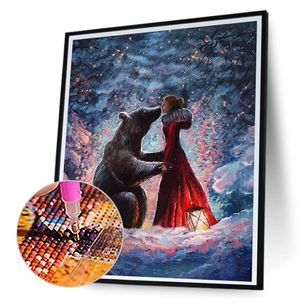 Cuadros Decorativos Black Bear Kisses Girl 5D DIY Diamond Painting Kits Full Round Drill Art (B5653) Wdftyju embutido en tela