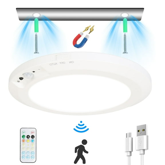 Imountek Magnetic Wireless Ceiling Light with Motion Sensor, Rechargeable, Dimmable, Remote Control for Closet Stairs Garage Bathroom