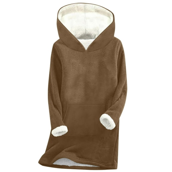 Scyoekwg Fleece Lined Hoodies for Women Winter Warm Tunic Sweatshirts Solid Color Hooded Long Sweatshirts Loose Pullover Tops (Khaki,S)