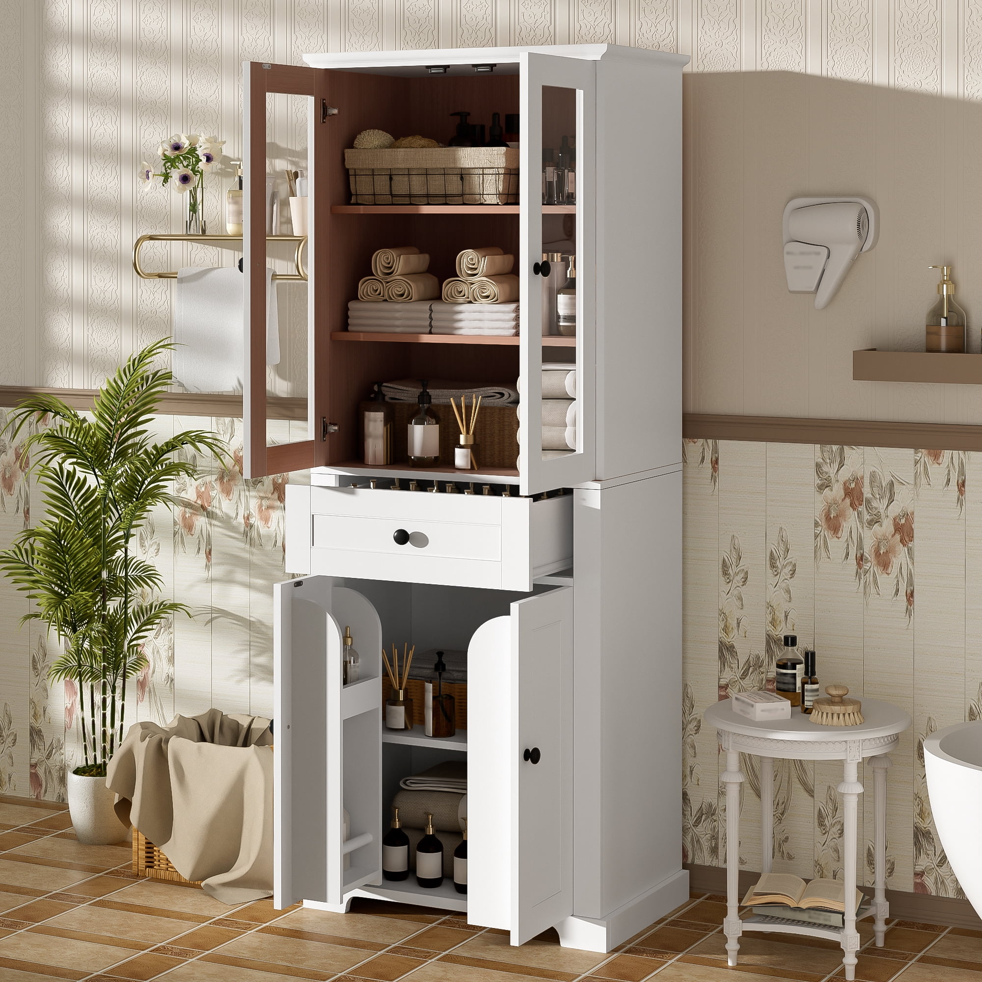Tall Bathroom Storage Cabinet with 4 Tempered Glass Doors, Adjustable Shelves, Soft Close Drawer and Anti-Tip Kit, Freestanding Linen Tower, 67.2 Inch in White