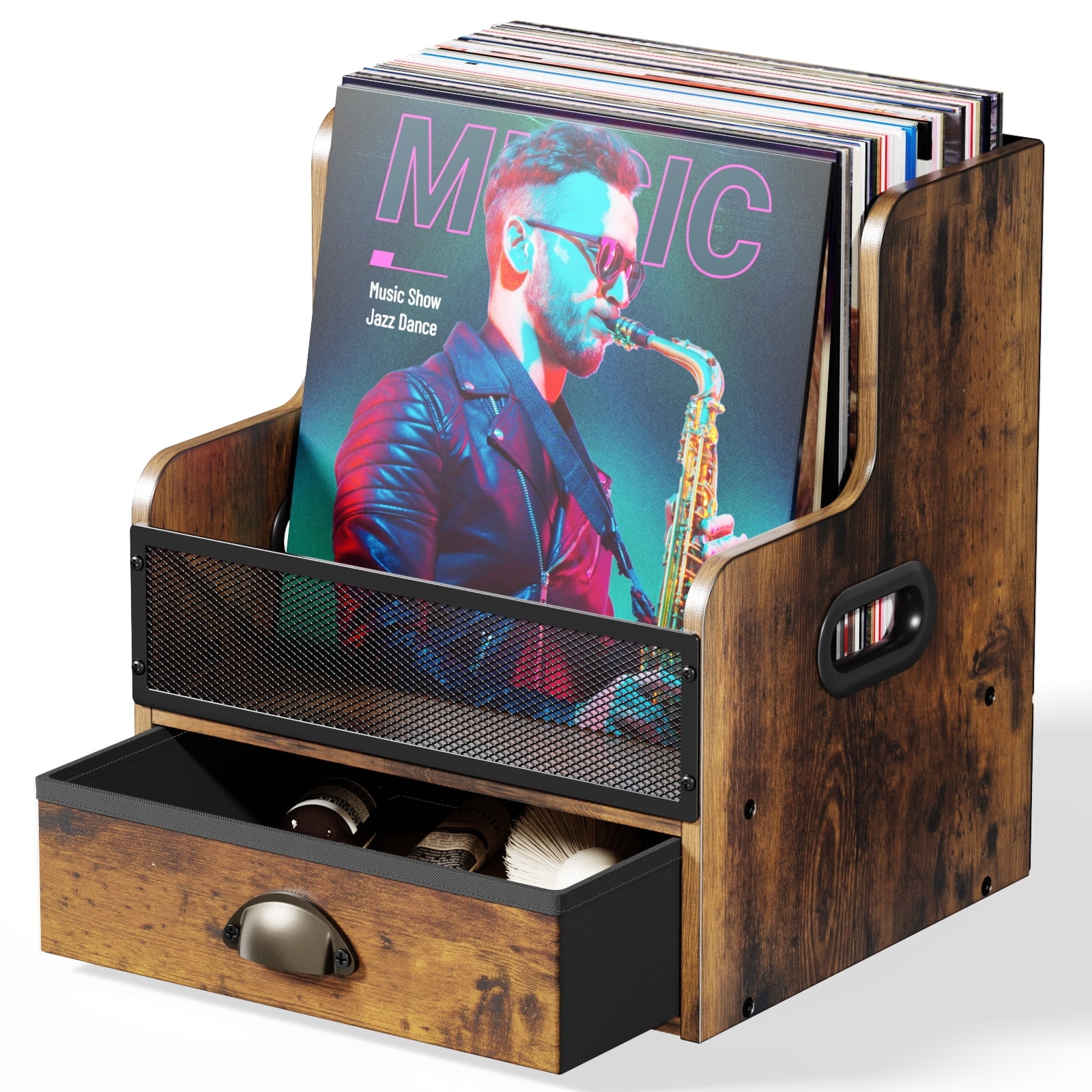 G GOSCHE Vinyl Record Storage with Drawer Record Crate for 100+ Records, Albums, Books, Files Wooden & Metal Record Holder for Desktop Home