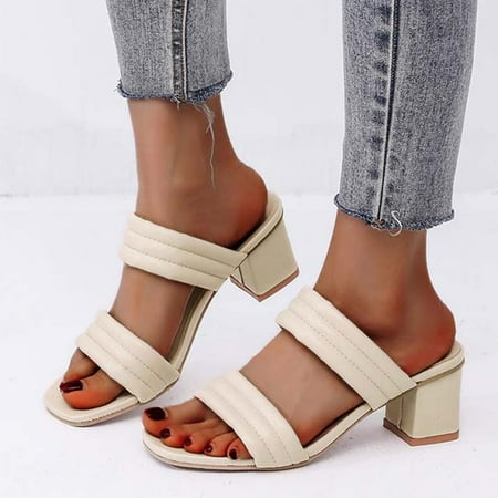 

Ladies Fashion Summer Solid Color Leather Thick High Heel Sandals And Slippers Note Please Buy One Or Two Sizes Larger