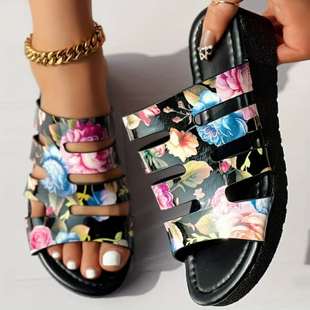 

YOUSNH Women s Large Size Thick Soled Slippers with Printed Ethnic Style Beach Sandals Summer Sandals Black 8(40)