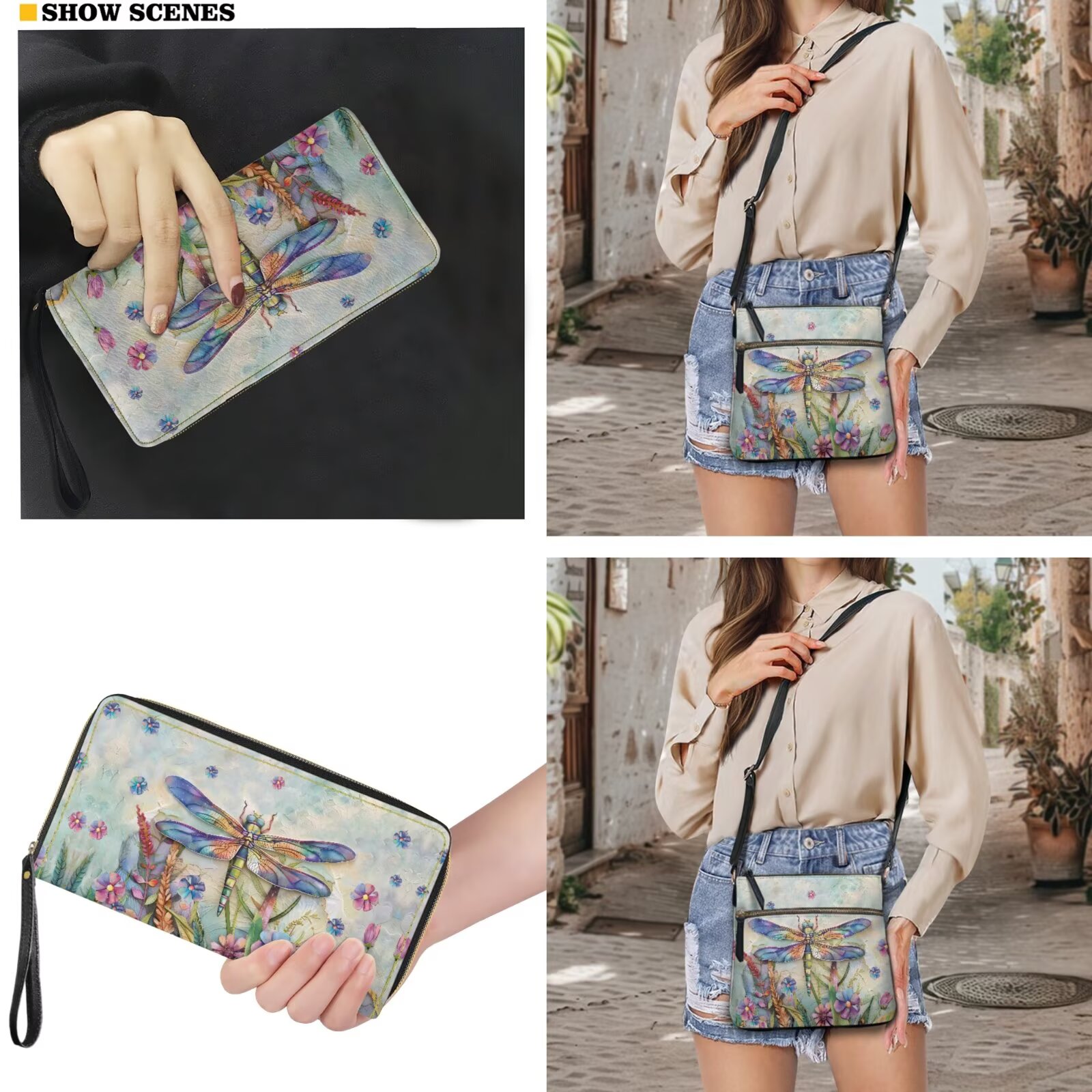 ZUXONGSY Painted Glass Dragonfly Floral Print Women's Leather Crossbody Bag and Matching Wallet Set, Satchel Hobo Purse with Multi-Pockets, Adjustable Shoulder Strap