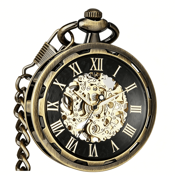DESIGNICE Mens Classic Steampunk Pocket Watch with Chain Skeleton Hand Wind Mechanical Pocket Watch