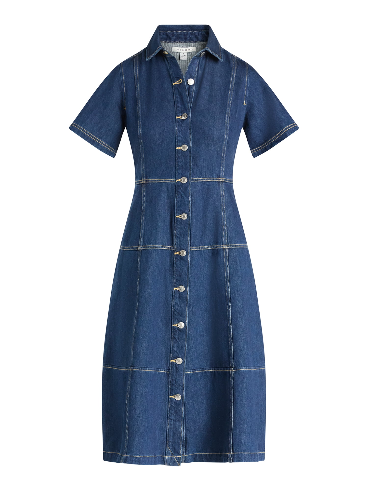 Free Assembly Women's Button Front Cotton Midi Dress with Short Sleeves, XS-XXL
