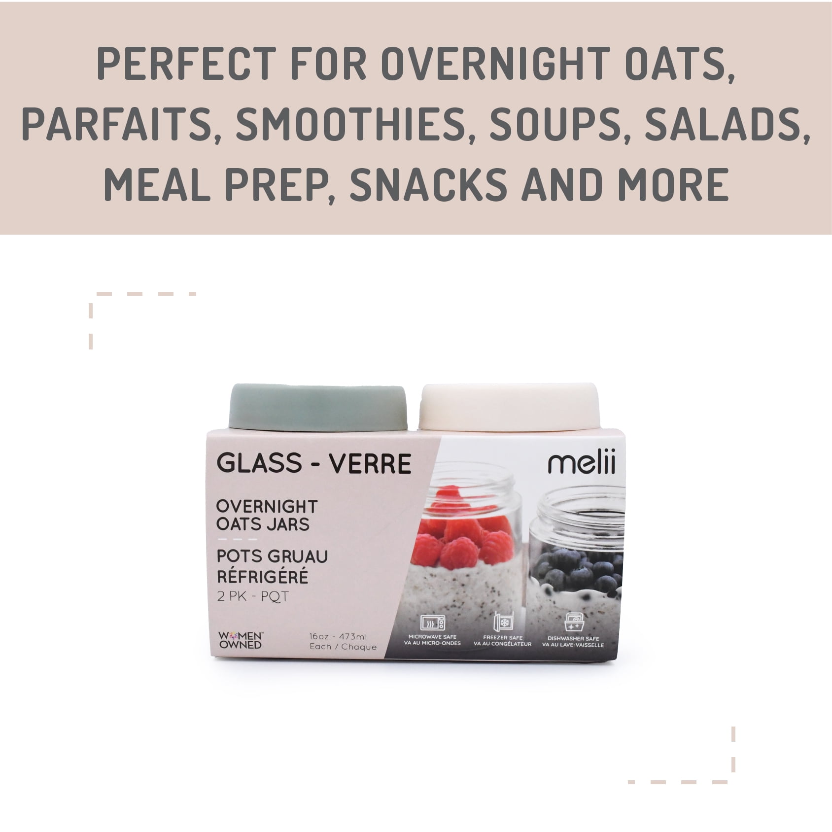 Melii Glass Overnight Oats Food Storage Container Set, 2 Pack, Ivory and Sage