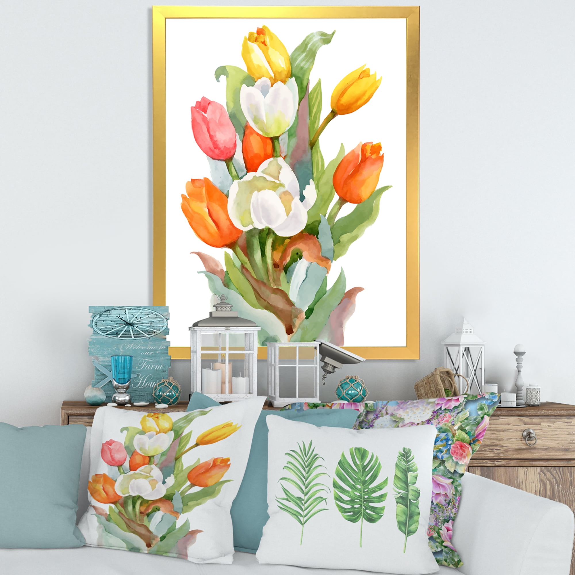 Designart 'Blooming Orange and White Tulips Flower' Traditional Framed Art Print