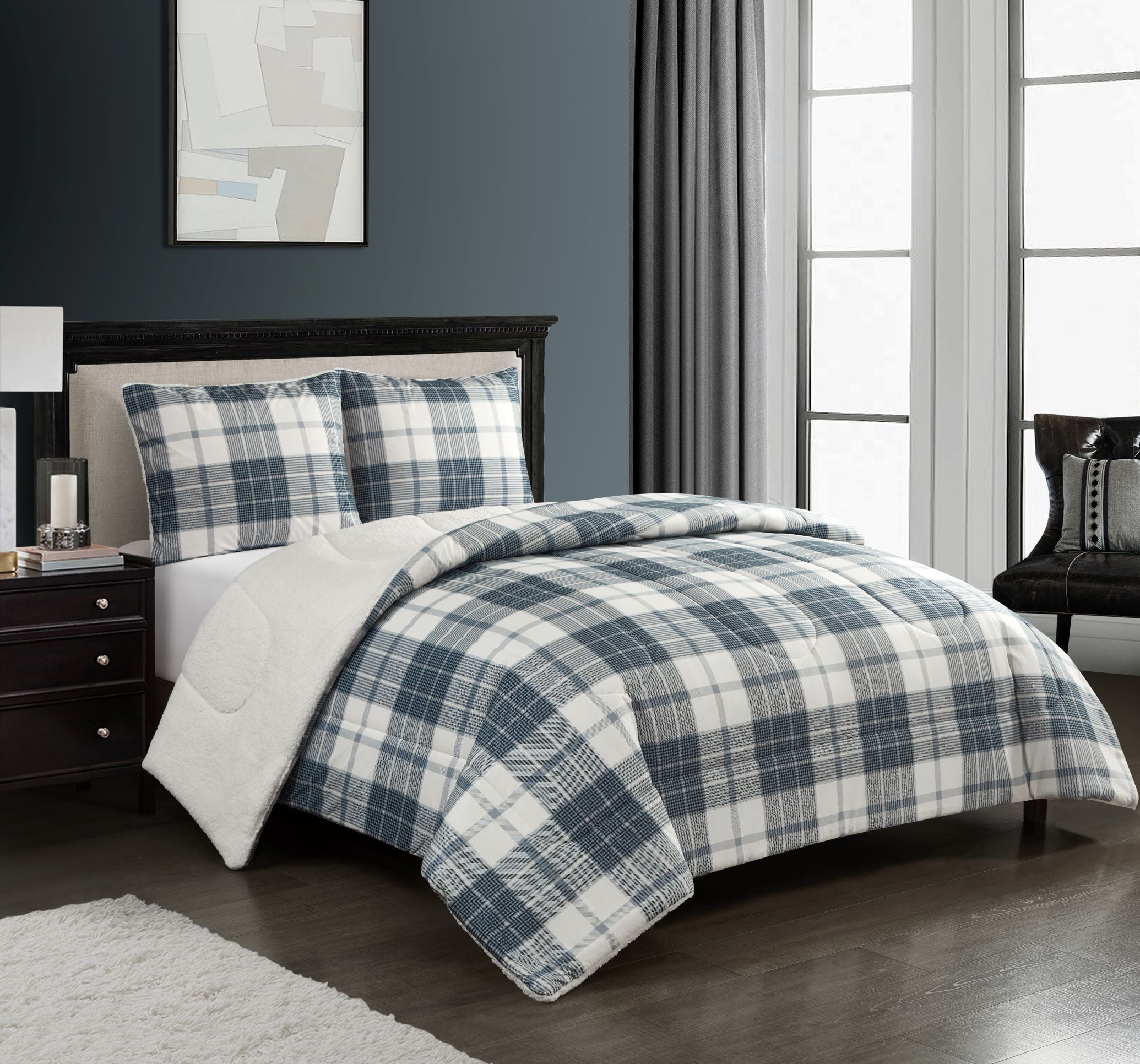 3-Piece Plaid Sherpa Premium Reversible Comforter Set Micro-suede All-Comfort™ 