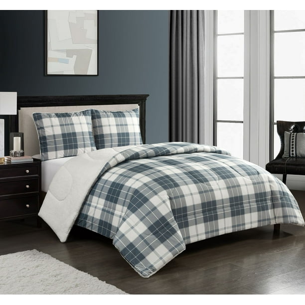 Mainstays Cozy Flannel Reverse to Super Soft Sherpa 3 Piece Comforter Set, King, Grey Plaid
