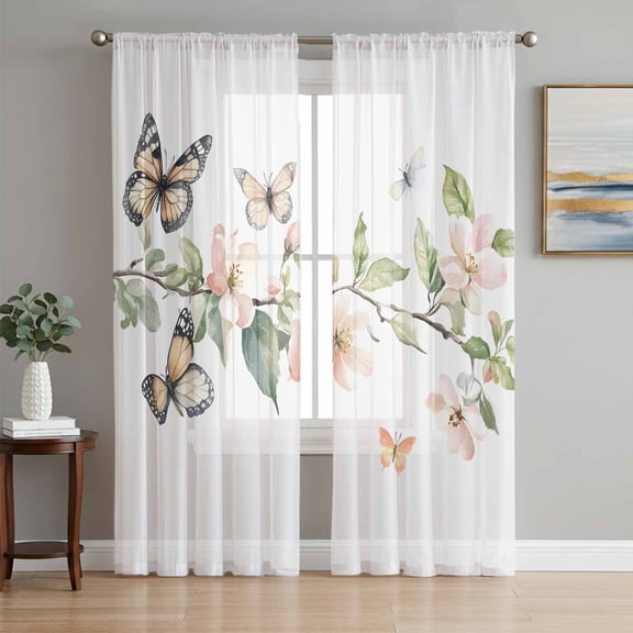 Watercolor Flowers Sheer Curtains 72 Inch Length 2 Panels Set, Spring Botanical Branch Butterfly Voile Window Treatment Rod Pocket Curtains Sheers Drapes for Bedroom/Living Room/Kitchen 52"x72"x2