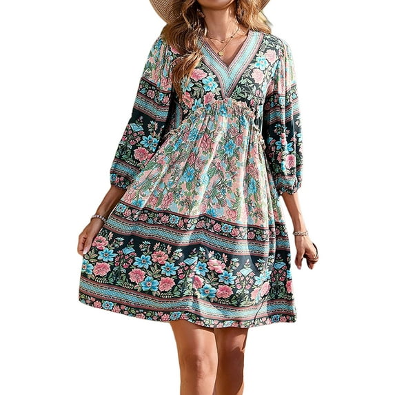 Women Summer Casual Bohemian Dress Ethnic Style Floral Print V-Neck Puff Sleeve Dress Short Dress