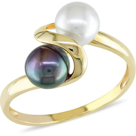 5.5-6mm Black and White Button Cultured Freshwater Pearl 10kt Yellow Gold Bypass Ring