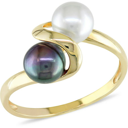 5.5-6mm Black and White Button Cultured Freshwater Pearl 10kt Yellow Gold Bypass Ring