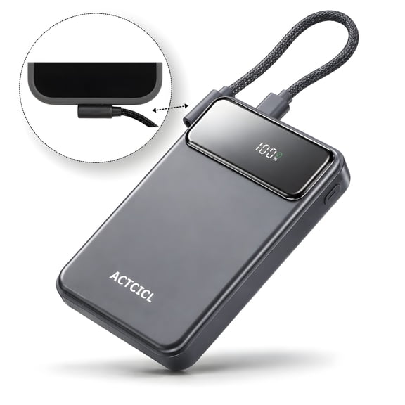 ACTCICL 10000mAh Magnetic Wireless Power Bank, 22.5W PD Fast Charging, USB-A Output & Detachable USB-C Cable, Compatible with iPhone 17/16/15/14/13/12 Series and Android Phones