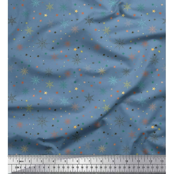 Soimoi Blue Cotton Duck Fabric Snow Flakes & Star Printed Craft Fabric by the Yard 42 Inch Wide