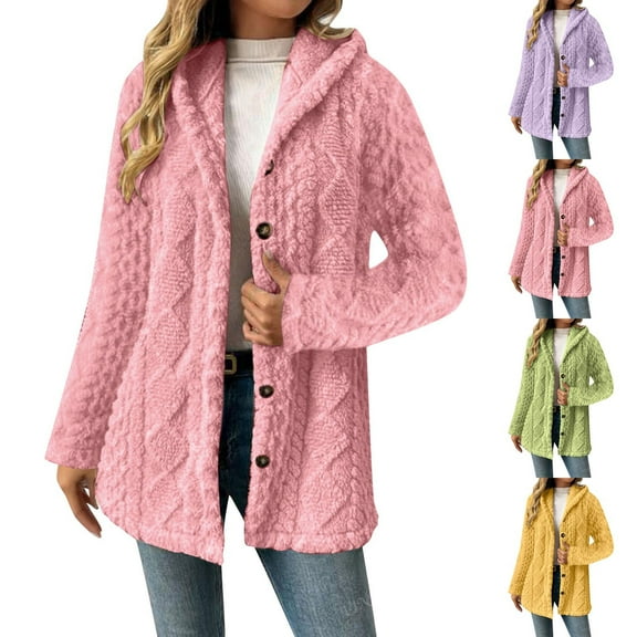 Jinhomg Fleece Jacket for Women Soft Fleece Sherpa Hooded Jackets Casual Button Down Fuzzy Cardigan Sweaters Winter Teddy Coats Outerwear