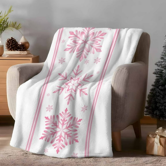 Throw Blanket Fleece Throw Blanket 40x50in, Christmas Pink Watercolor Snowflake Soft Lightweight Bed Blankets Snow Texture on White Fuzzy Couch Blankets for All Season