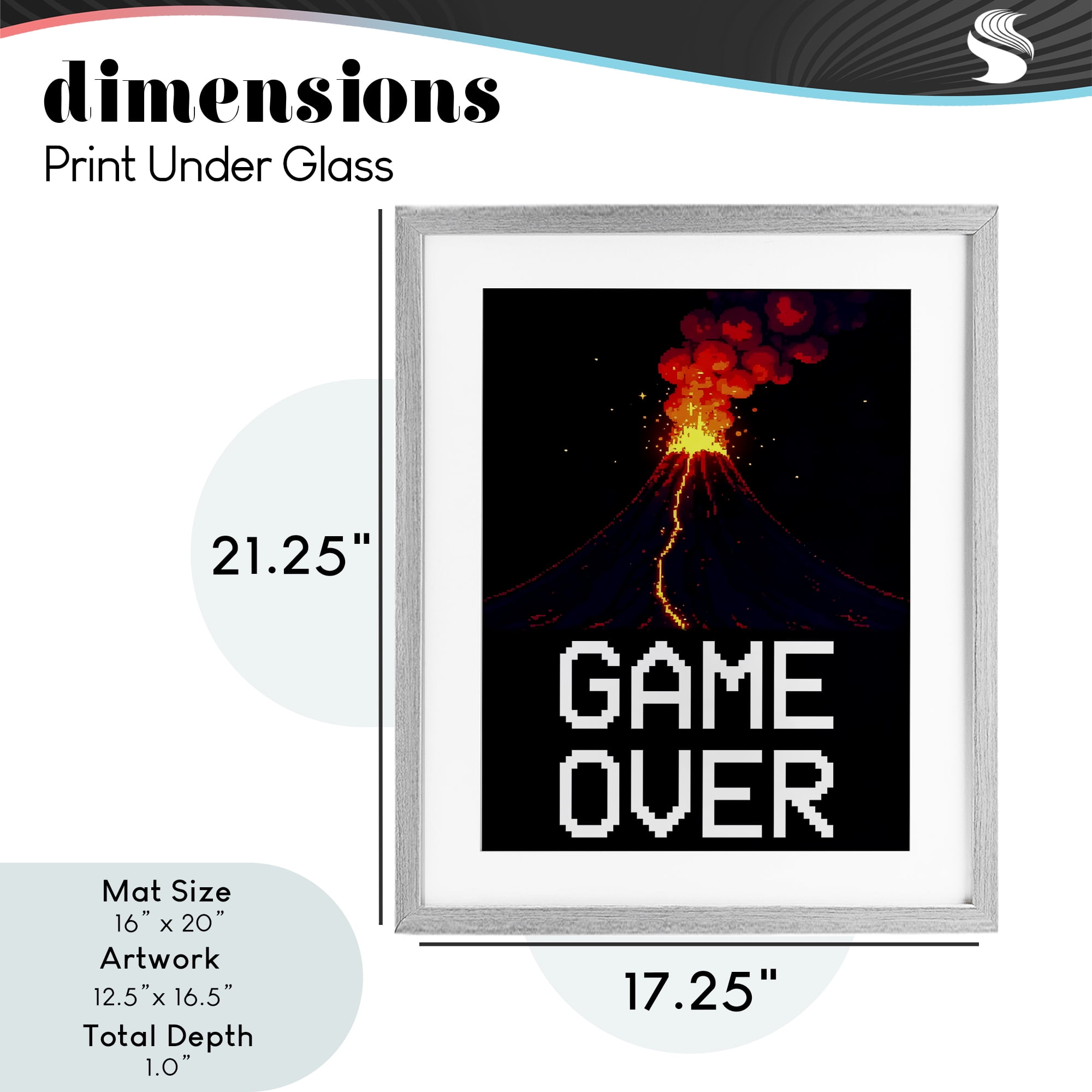 Pixel Volcano Game Over Gray Framed Print Under Glass, design by Kim Allen