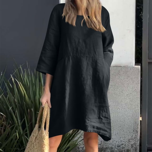 Liquidation d'Été 2025! Robe Grande Taille pour Femmes, Liquidation de Robe d'Été pour Femmes, Robe Décontractée à Manches 3/4 Col Rond Imitation Coton et Lin Couleur Unie avec Poches