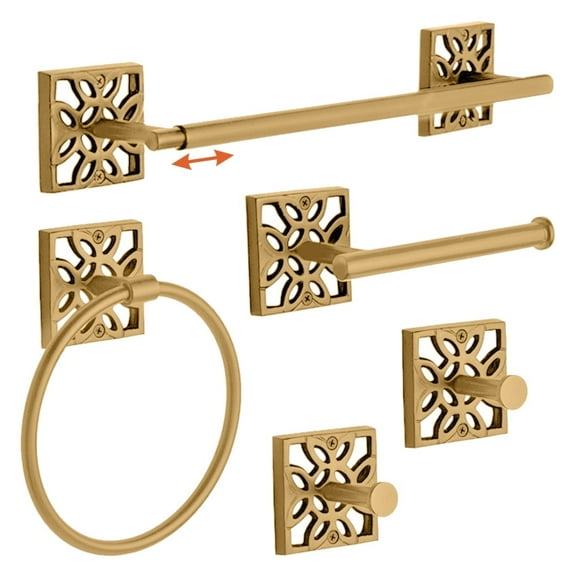 Autumn Alley 5 PC Gold Modern Bathroom Accessories Set, Wall Mounted - Towel Rack, Hand Towel Ring, Industrial Toilet Paper Holder, and 2 Towel Robe Hook for Bathroom Hardware Set
