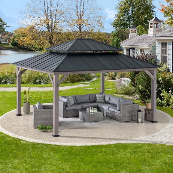 Sunjoy Archwood 13 ft. x 15 ft. Cedar Framed Hard Top Gazebo with Black Steel 2-tier Hip Roof