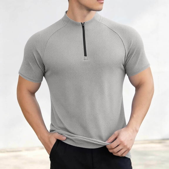 Yaoyar Men's Summer Relaxed Fit Solid Short Sleeve Standing Collar Zip Sport Moisture Wicking Quick Dry Tee