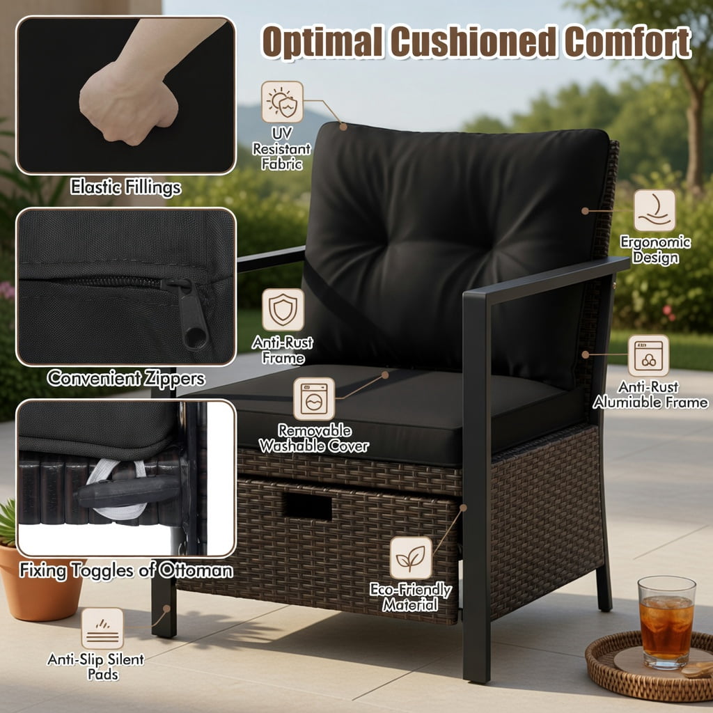 Hommoo 4-Piece Modern Outdoor Wicker Furniture Set with Tempered Glass Coffee Table, PE Rattan & Metal Frame, Black