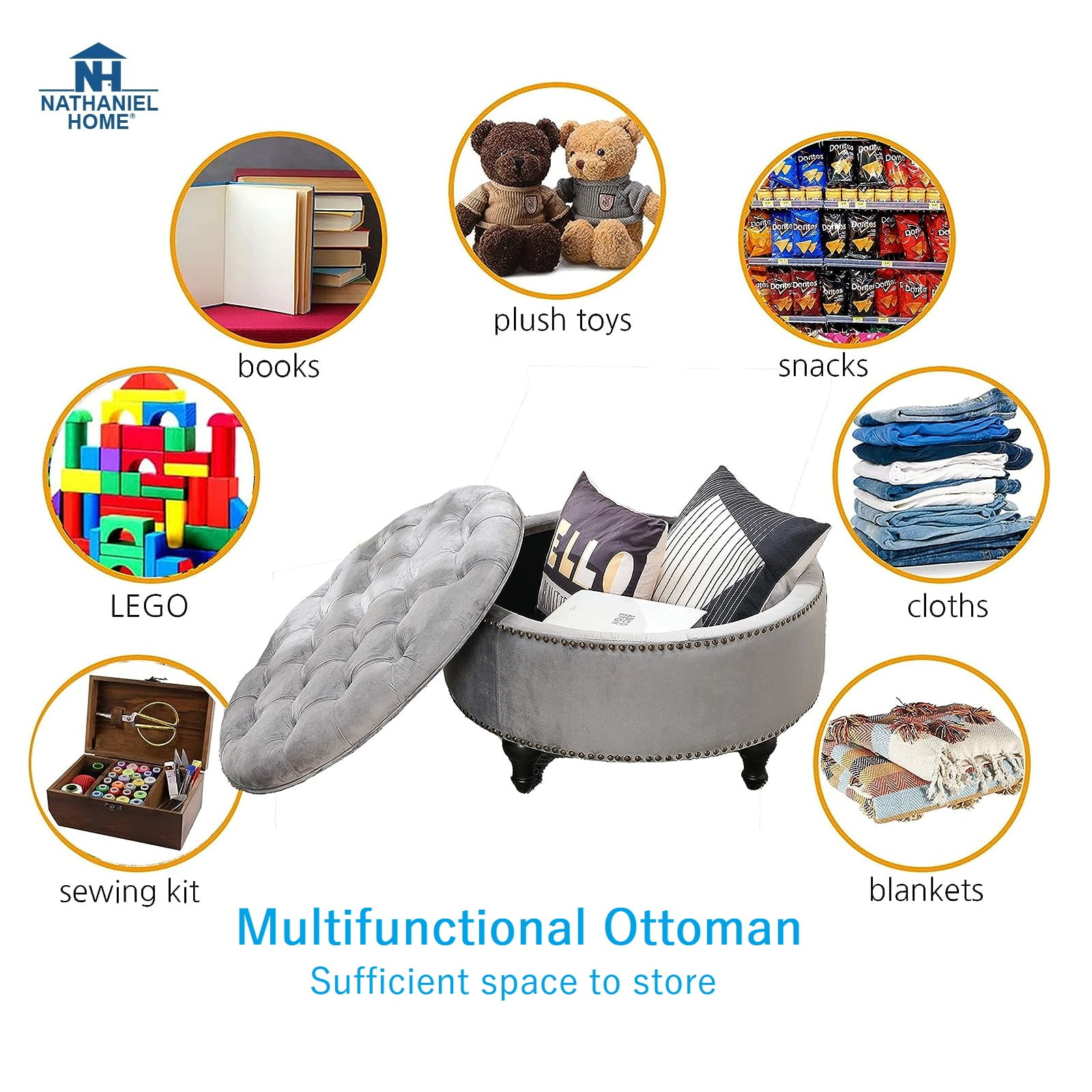 Nathaniel Home, 30" Round Storage Ottoman Footstool with Removable Lid, Button Tufted Ottoman Coffee Table with Legs, Large Ottoman with Storage for Bedroom, Gray