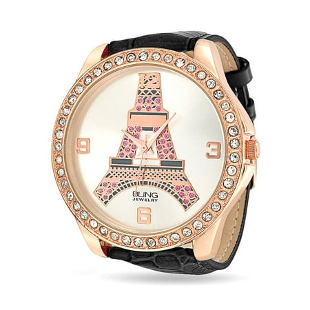 Black Bezel Watch - Eiffel Tower Paris Large Round White Dial Rose Gold Plated Wrist Watch For Women Crystal Bezel Black Leather Band