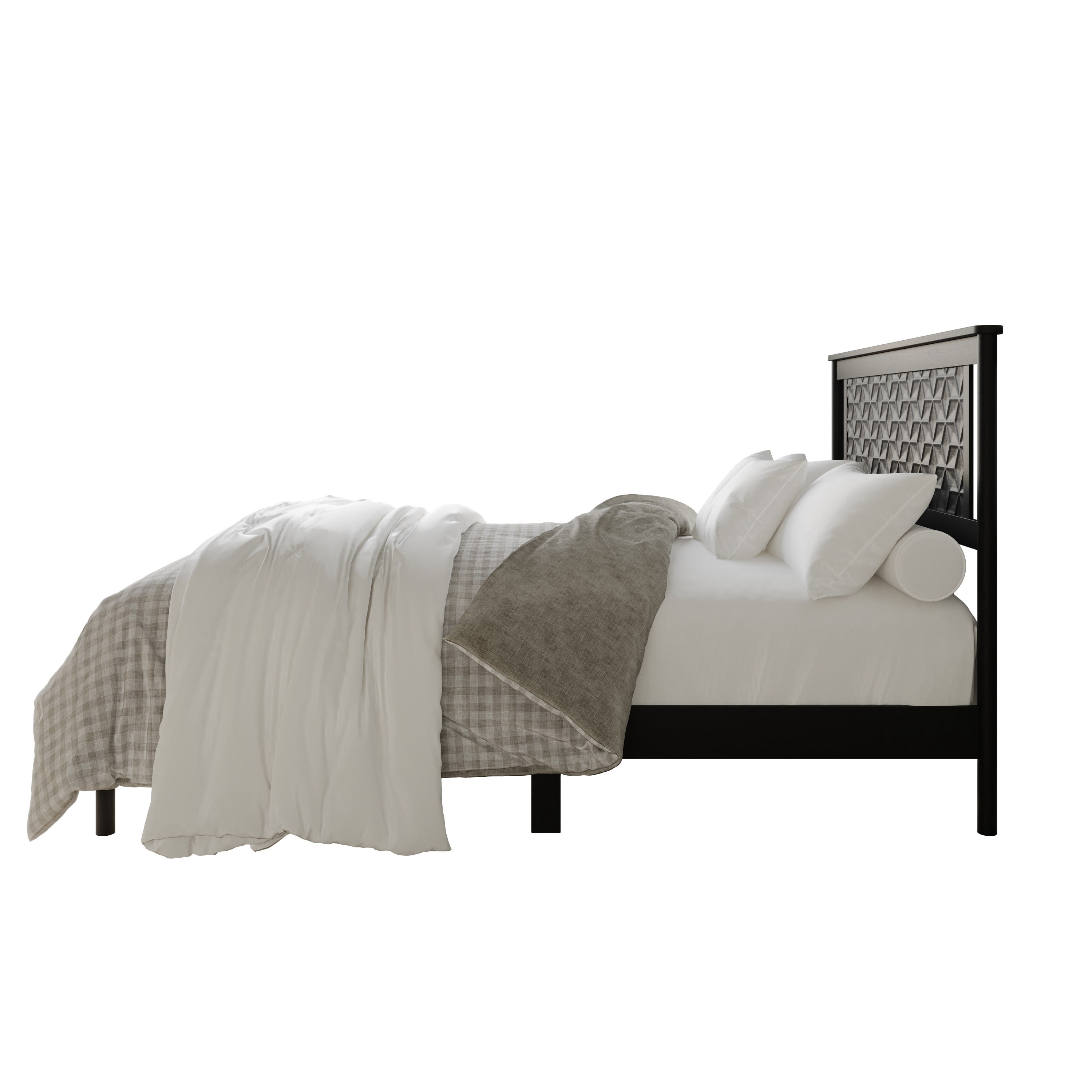 Home Design Tuskegee Queen Panel Bed Frame with Geometric Headboard and Solid Wood Frame, Black, Box Spring Required, Easy Assembly