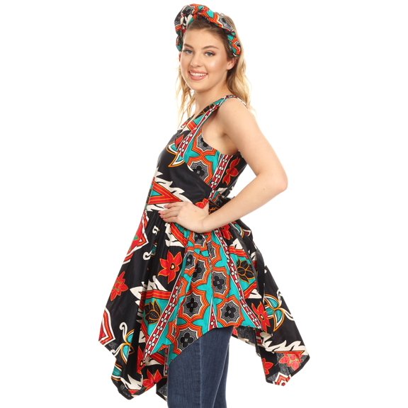 Sakkas Vale Womens African Ankara Sleeveless Short Cocktail Wrap Dress with Pocket - 41-BlackTeal - One Size Regular