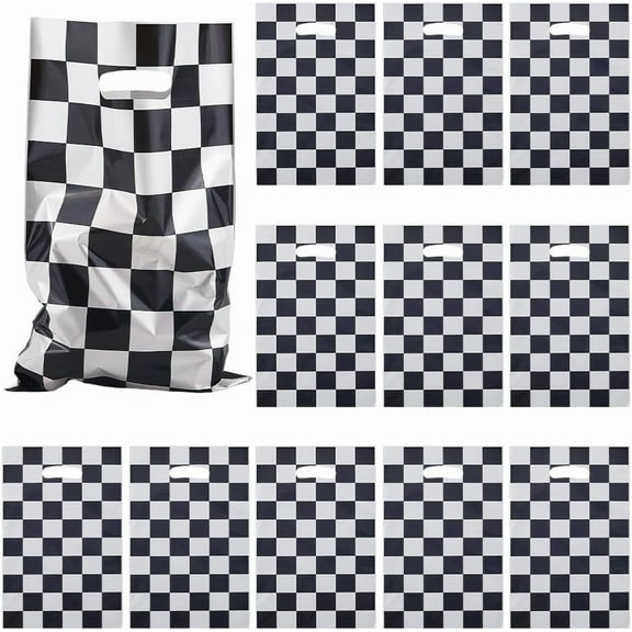 50Pcs 10 x 6.4 Inch Race Car Goodie Bags Plastic Party Favor Bags with Handles Racecar Black and White Tartan Pattern Rectangle Small Present Pouches for Car Party Favors Candy Gift Packaging 5sets