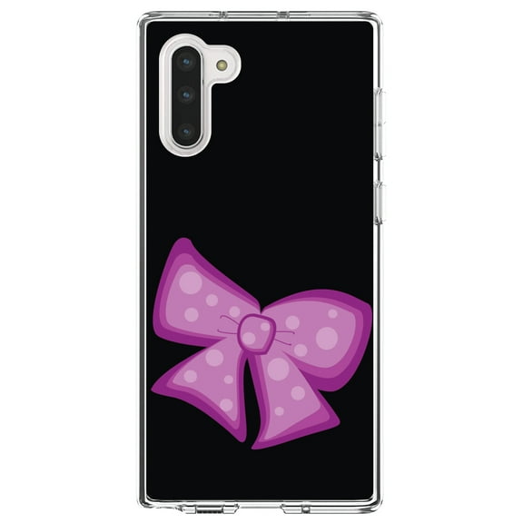 DistinctInk Clear Shockproof Hybrid Case for Samsung Galaxy Note 10 (6.3" Screen) - TPU Bumper, Acrylic Back, Tempered Glass Screen Protector - Pink Black Bow Ribbon - Cartoon Bows / Ribbons